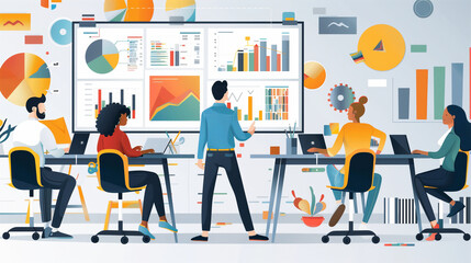 Fototapeta premium Teams working on project boards, charts, and data presentations in a collaborative office environment, project boards, data presentation, teamwork, collaboration, business analysis