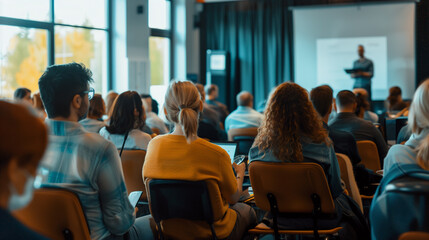 Leaders hosting a town hall meeting with employees, sharing company updates and future plans, town hall meeting, company updates, leadership communication, employee engagement, bus