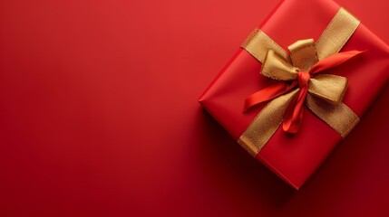 Red gift box with gold ribbon , clean red background
