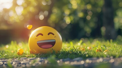 Yellow smiley face in green grass, small yellow orbs, sunlit