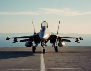 Un aereo militare da combattimento grigio fermo sulla pista sotto il sole splendente.
