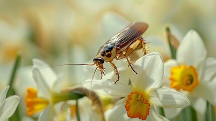 Naklejka premium cockroach on narcissus flower