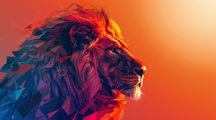 Vibrant Digital Art of a Lion with Geometric Elements in Orange and Blue