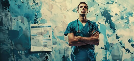 Confident male doctor in blue uniform standing with arms crossed in front of blue and white background.