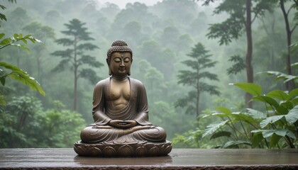 Buddha statue sitting in meditation with rain and forest in the background
