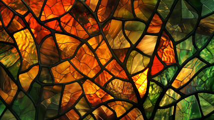 Glowing green and orange stained glass abstract background