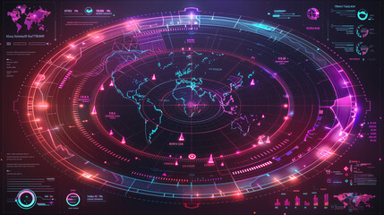 Fototapeta premium Futuristic holographic interface displaying global data and analytics on a sleek, circular screen