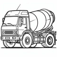 Black and white drawing of a concrete mixer truck, showing its structure and details.
