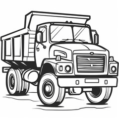 Illustration of a dump truck in line art style, ideal for construction and heavy machinery themes.