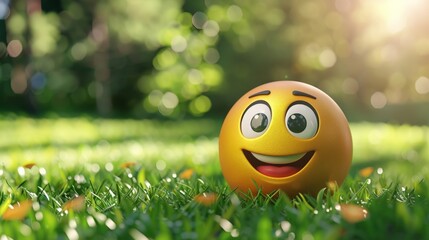 A yellow emoji smiles cheerfully in a green grassy field