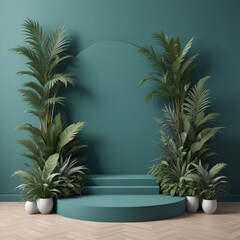 Fototapeta premium 3d rendering. Stone platform in tropical forest for product presentation and green wall.