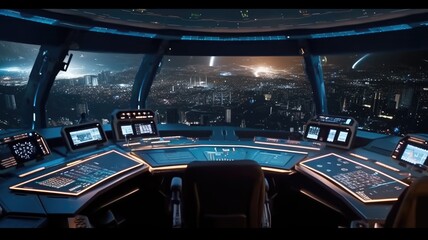 Futuristic spaceship cockpit interior with a view of space station and stars. A large spaceship window show view of space and modern cockpit with control panel with glowing light. Technology. AIG35.