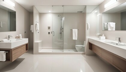 minimalist hotel bathroom in white color with glossy floor, white towel soap dispenser. 
