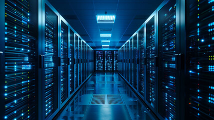 Data center with rows of servers and security protocols in place, data center, servers, cybersecurity, data protection, tech infrastructure, secure environment, digital storage