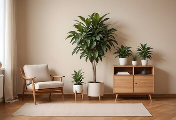 Modern Minimalist Living Room with Stylish Armchair, Wooden Sideboard, and Indoor Plants Enhancing Cozy Interior Design Aesthetics