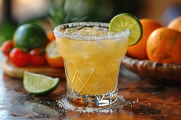 Fototapeta premium A margarita cocktail with a salted rim, served on the rocks with a wedge of lime. 