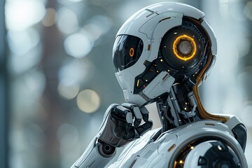 Fototapeta premium Thoughtful Futuristic Robot with White Helmet