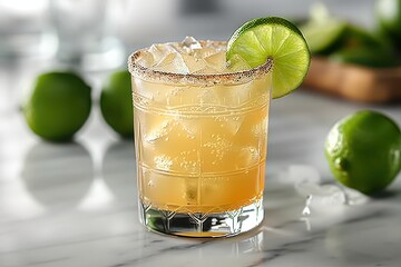 A margarita cocktail with a salted rim, served on the rocks with a wedge of lime. 