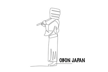 Komuso who plays the flute. Obon japan concept one-line drawing