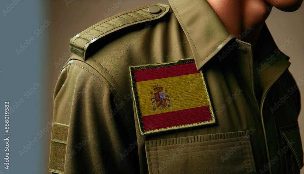 Wall mural A close-up of a military uniform with the Spain flag patch displayed prominently, representing service and patriotism