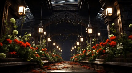 A Temple Decorated with Flowers and Lights