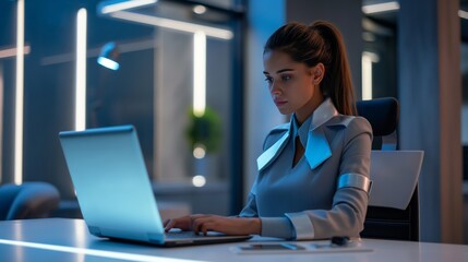 Fototapeta premium focused businesswoman working at night in a modern office with glass walls and white furniture, illuminated by laptop screen