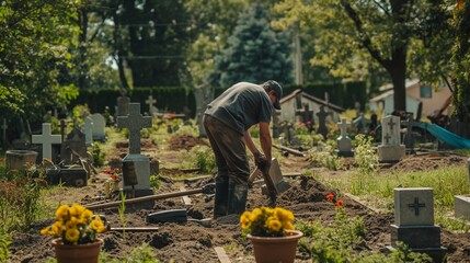 man in work attire and gloves digging at a cemetery with wooden crosses, flower-adorned graves, and trees under daylight