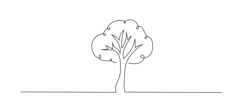 Continuous one line drawing of tree plant art style . Tree in single outline vector illustration for eco green nature concept. Editable stroke.