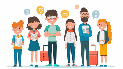 Illustration of a happy cartoon family preparing for a travel adventure, holding suitcases and documents with smiles.