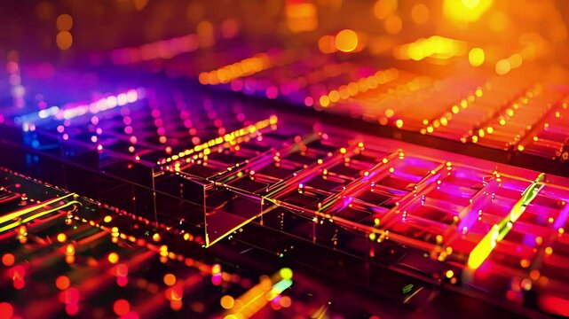 A microphotograph of the chips quantum bits arranged in a precise grid with the distinct glow of quantum entanglement between them.