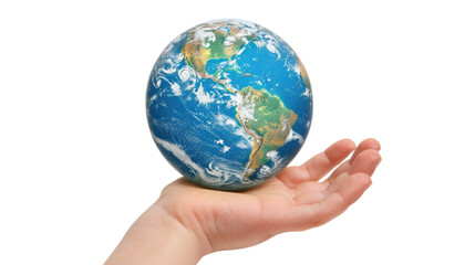 Photograph of a child's hand holding a globe, casting a warm glow, symbolizing the interconnectedness of humanity, on a transparent background