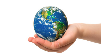 Photograph of a child's hand holding a globe, with continents seamlessly blending together, symbolizing a world without boundaries, on a transparent background