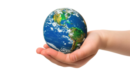 Photograph of a child's hand holding a globe, with continents seamlessly blending together, symbolizing a world without boundaries, on a transparent background