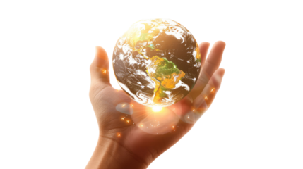 Photograph of a child's hand gently holding a globe, showcasing the Earth's continents and oceans in intricate detail, on a transparent background