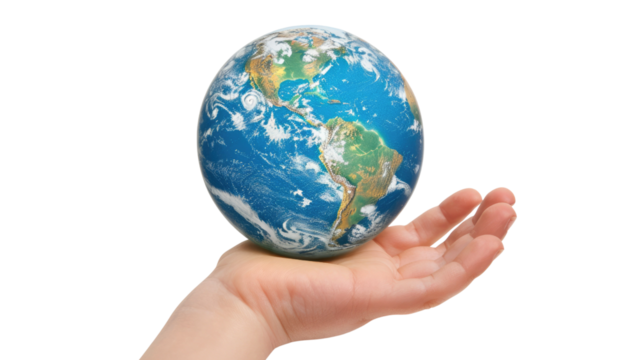 Photograph of a child's hand holding a globe, casting a warm glow, symbolizing the interconnectedness of humanity, on a transparent background