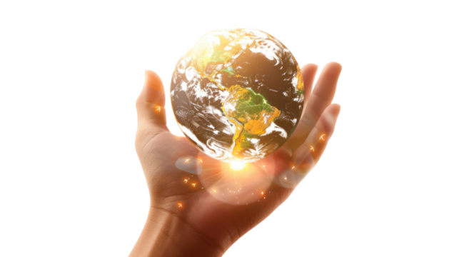 Photograph of a child's hand gently holding a globe, showcasing the Earth's continents and oceans in intricate detail, on a transparent background