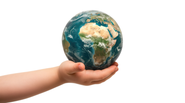 Photograph of a child's hand holding a globe, with continents seamlessly blending together, symbolizing a world without boundaries, on a transparent background