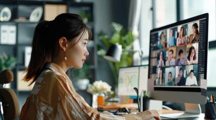 Virtual Business Team Analyzing Financial Reports in Remote Meeting, Geneartive Ai