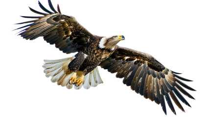 Obraz premium Photograph of a majestic eagle soaring through a clear blue sky, with a transparent background.