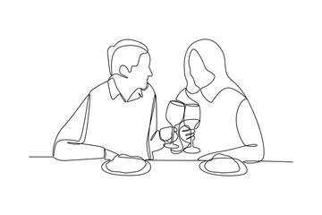 Continuous one line drawing A couple is having dinner at a restaurant. Family having meal around kitchen table together. Dinner minimalist concept. Single line draw design vector graphic illustration