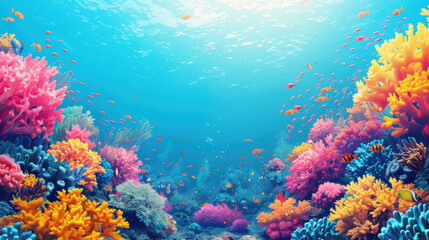 Naklejka premium Colorful coral reef teeming with tropical fish and marine life under clear blue ocean waters.