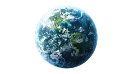 Fototapeta premium Photograph of an Earth-like planet with lush green continents, blue oceans, and wispy clouds, set against a transparent background.