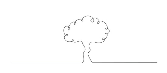 Continuous one line drawing of tree plant art style . Tree in single outline vector illustration for eco green nature concept. Editable stroke.