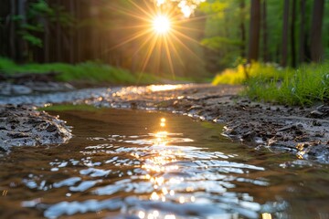 Sunlight streaming through the forest, illuminating a serene stream as it meanders through the picturesque woodland.