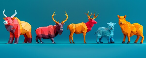 Vibrant geometric animal figures arranged in a line against a blue background displaying modern abstract art and color composition.