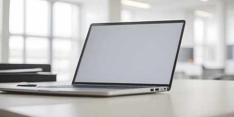 An isolated laptop computer with copy space on a desk in an empty office with a blurred background