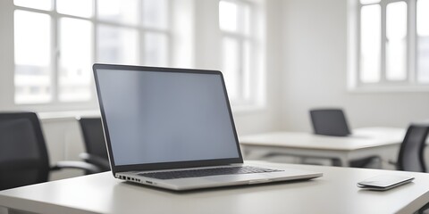 An isolated laptop computer with copy space on a desk in an empty office with a blurred background