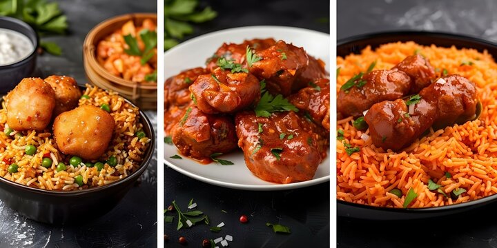 A Compilation of Nigerian Cuisine Showcasing Jollof Rice, Suya, Puff Puff, and Colorful Ingredients. Concept Nigerian Cuisine, Jollof Rice, Suya, Puff Puff, Colorful Ingredients, Food Photography