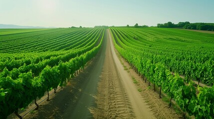 Aerial view of a beautiful vineyard with lush green grapevines, rows stretching into the distance under a clear blue sky on a sunny day.