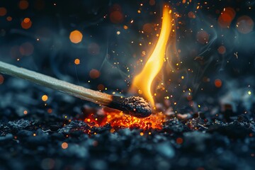 Close-up of a matchstick igniting, with vibrant flames and glowing embers on a dark backdrop, creating an intense and dynamic scene.